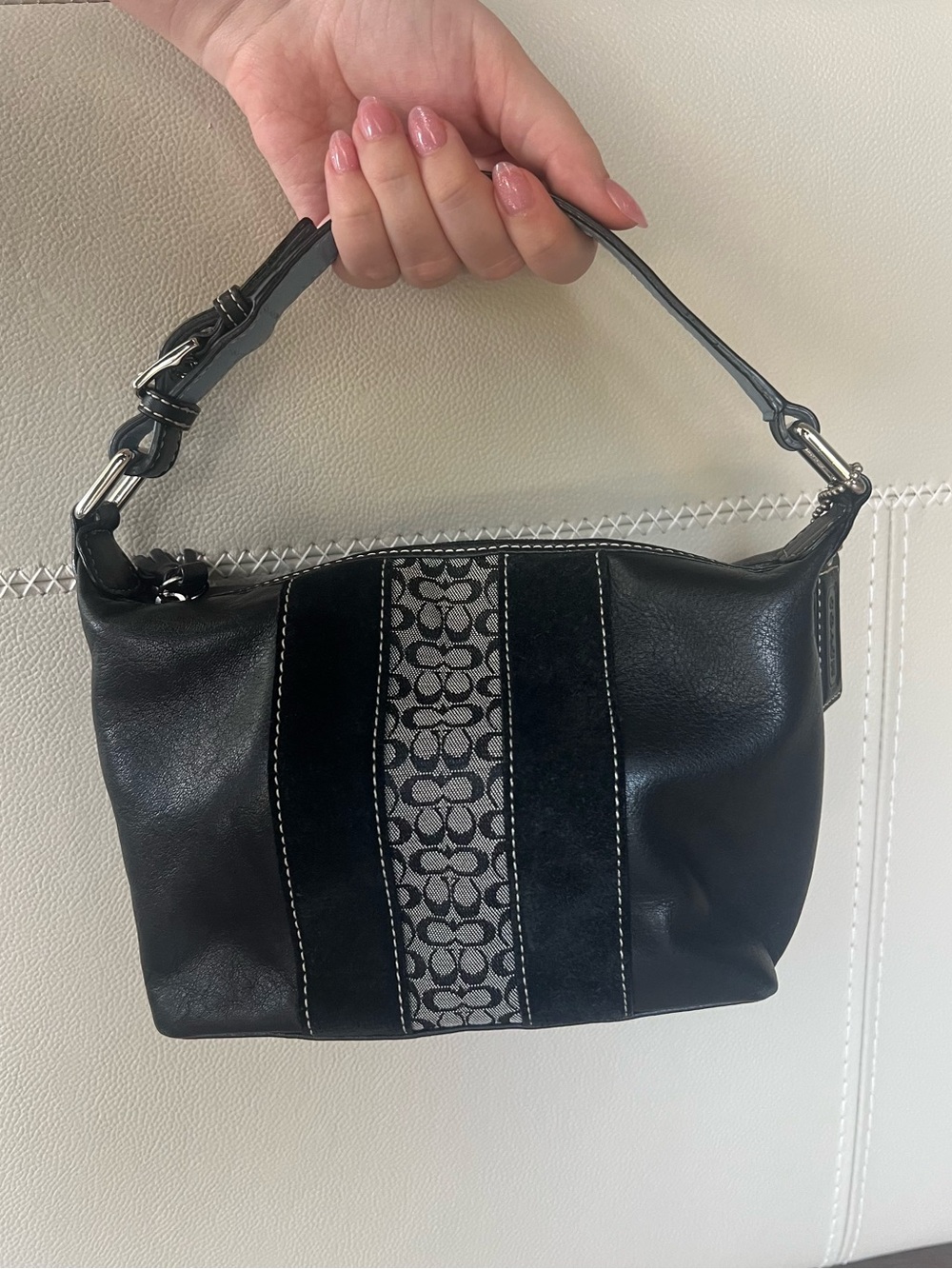Coach Black Leather Shoulder Bag with Signature Jacquard Stripe